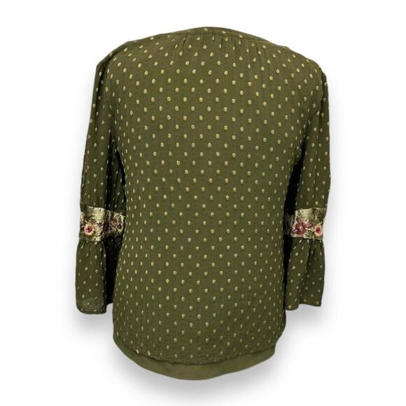 Chico's Women’s Green Jacquard Dot Embroidered  Velvet Details Peasant Blouse M - Picture 6 of 13